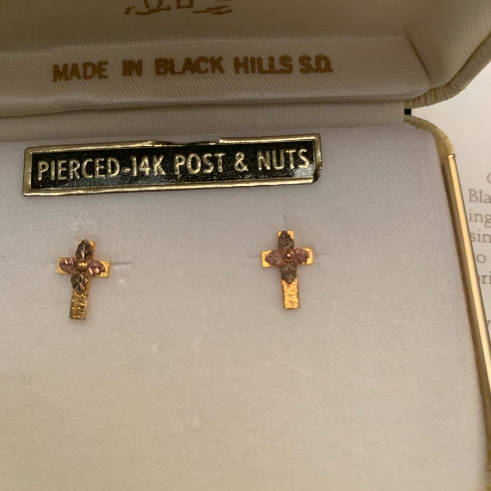 Vintage Black Hills Tri Gold Cross Earrings. 14k
